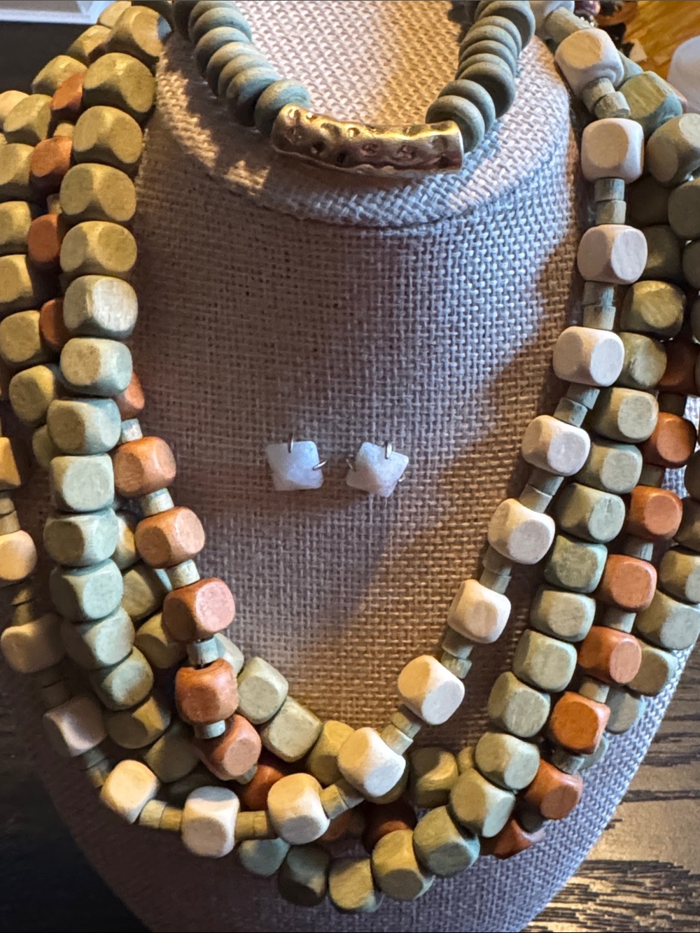 Plunder 3 piece 4 strand set   Bead Necklace, bracelet and Stud Earrings natural